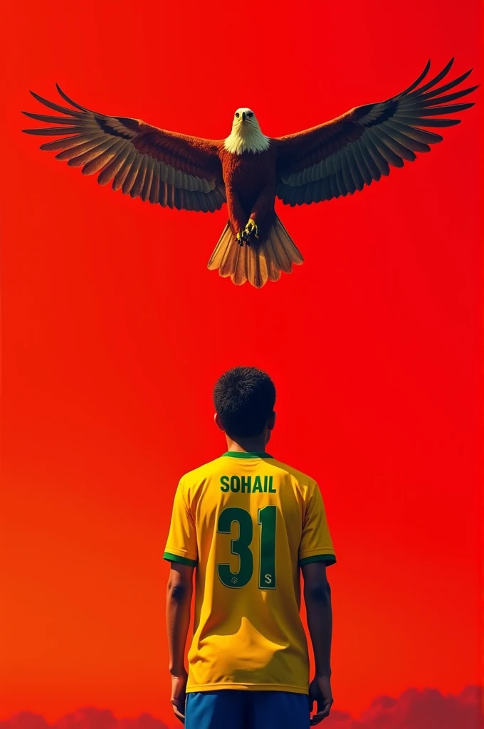 A 19 years boy wearing Brazil football jersey number 31 and name SOHAIL standing infornt of sun  eagle in sky  redess background