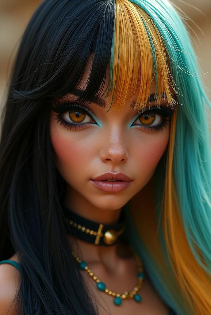 Nefera de Nile as a real woman
Hair: one half black the other half gold and turquoise ( Wisps) 
