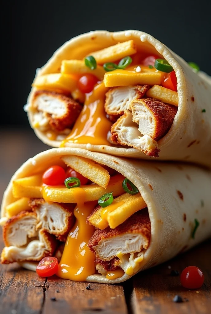Make burrito that has fries, chicken, and cheese inside