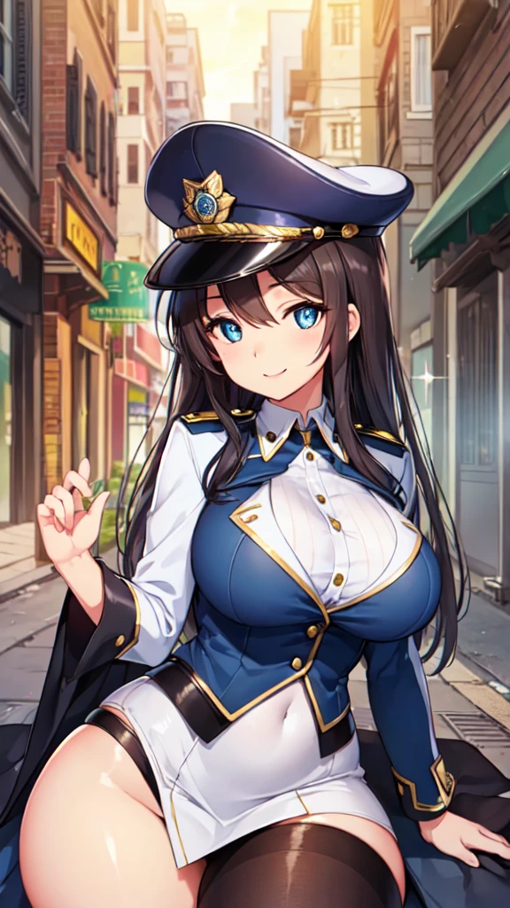 (high quality, High resolution, The finer details), alley, Police uniform, Police hat, alone, Curvaceous mature woman, Sparkling eyes, (Detailed eyes:1.2), smile, Soft tones, Shallow depth of field