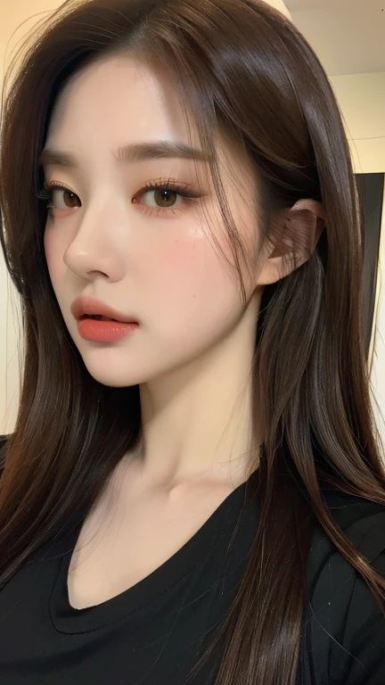 ((best quality, 8ก, Masterpiece :1.3)),   1 girl,   Beautiful women emphasize slender belly.: 1.3,   (long brown hair),   Highly detailed face,   Highly detailed lips,    Detailed eyes,   Long eyelashes,    Makeup

(black t-shirt)