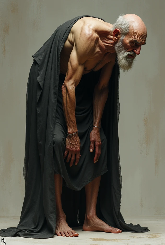 Bald judge with no beard, bent over, naked.