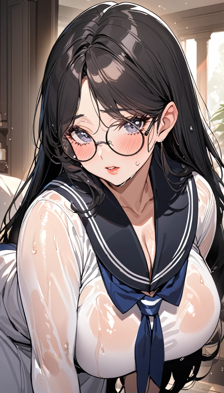refined mature woman,gentle mature face, mature housewife,round glasses,black hair,at rich home,curvy,straight hair,oval face,sailor costume,oval face,glossy lips, blushed,wet skin,eyelash,