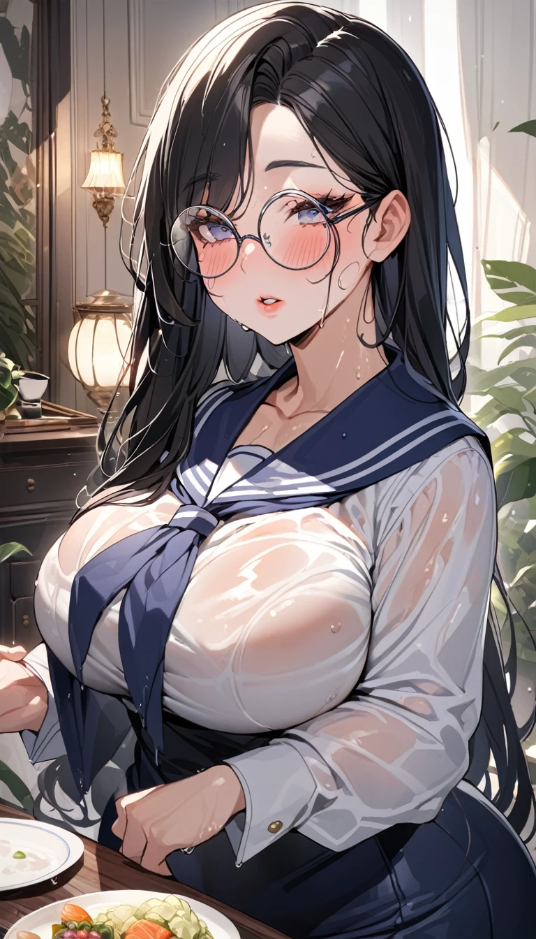 refined mature woman,gentle mature face, mature housewife,round glasses,black hair,at rich home,curvy,straight hair,oval face,sailor costume,oval face,glossy lips, blushed,wet skin,eyelash,