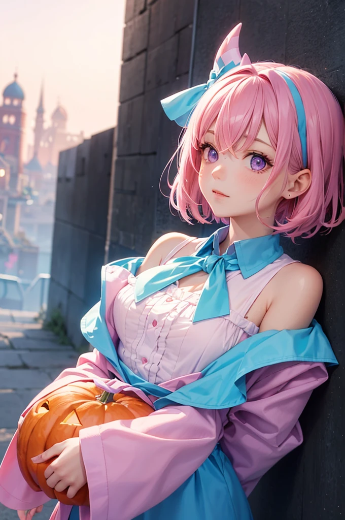 Pink and light blue dreamy hair　Wave Shorthair　Purple Eyes　Beauty　Halloween　Wizard　pumpkin　Bears Ears　cute
