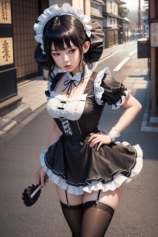 highest quality、8K、16k、masterpiece、realistic、Super detailed)、break, 23 year old Asian girl black hair ((Japanese maid:1.5)),(with ruffles_maid_dress:1.5),(Street Belts),(black stockings),(thighs:1.2)、
