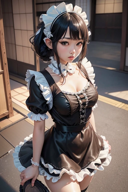 highest quality、8K、16k、masterpiece、realistic、Super detailed)、break, 23 year old Asian girl black hair ((Japanese maid:1.5)),(with ruffles_maid_dress:1.5),(Street Belts),(black stockings),(thighs:1.2)、

