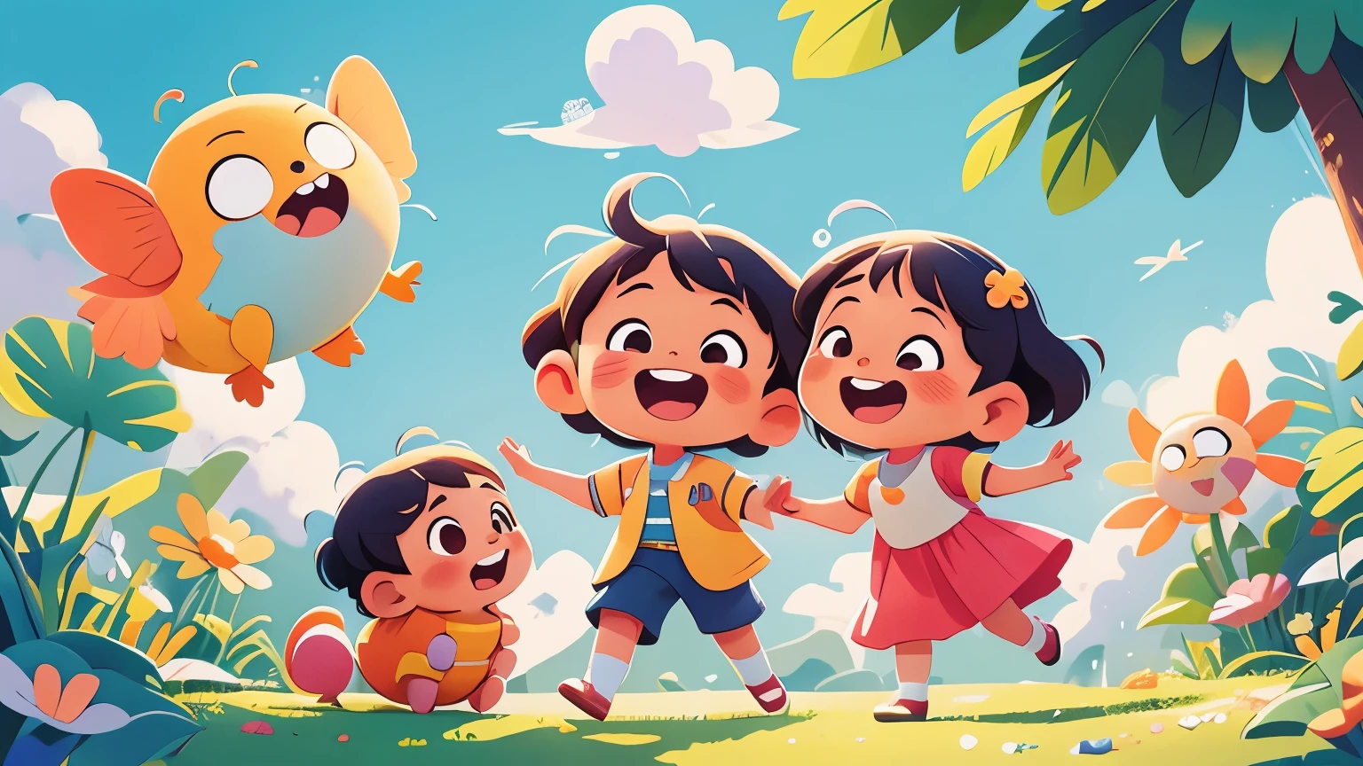 Children singing together happily, with colorful musical notes and a joyful atmosphere. Text overlay: 'Mari kita nyanyi bersama, Belajar abjad sambil bersuka, Dengan lagu hewan yang seru, Ayo mulai dari A to Z.' Background: Bright, cheerful park with blue sky and fluffy clouds. inspired by Goro Fujita, promotional art, illustration for children, by Choi Buk, by Murakami, 2d digital illustration
