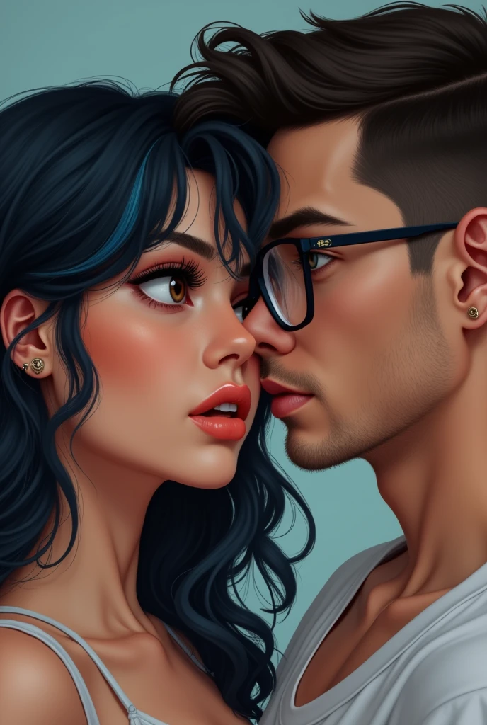 Couple of boyfriends she curvy body big cheeks black hair with blue, big brown eyes light skin with piercing in the nose and tongue and with light skin, straight hair styled up and small rectangular glasses 