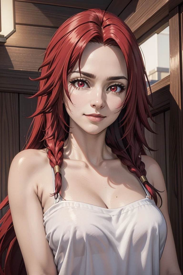(4k,8k,best quality, masterpiece:1.2), ultra-detailed, realistic, realism, perfect face, perfect nose, detailed hair, detailed eyes, detailed lips, realistic colors, studio lightning, (((cowboy shot))), small mouth, looking at viewer, glare, disdain, smile, confident pose, woman, red eyes, red hair, very long hair, ((iris midgar)), looking at viewer, medium breast below, 30yo woman, glowing eyes, towel, spa, thermes