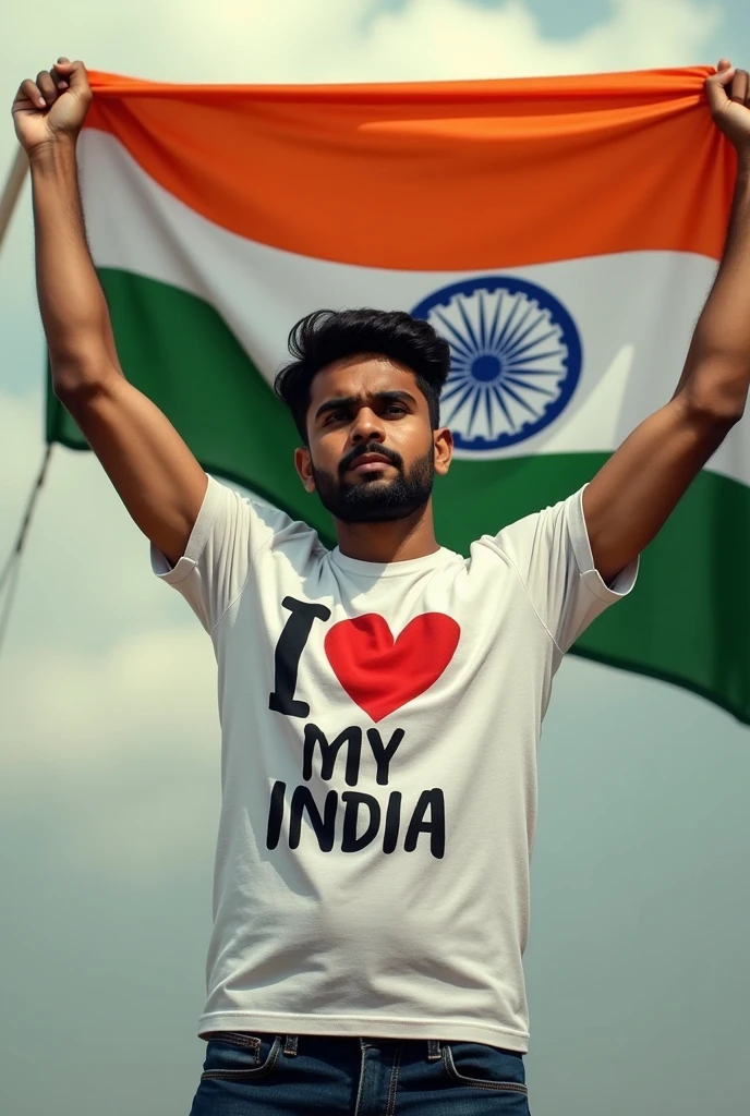 28 year old man holding up a Indian flag, wearing a t shirt write namr Ankur, with i love my india