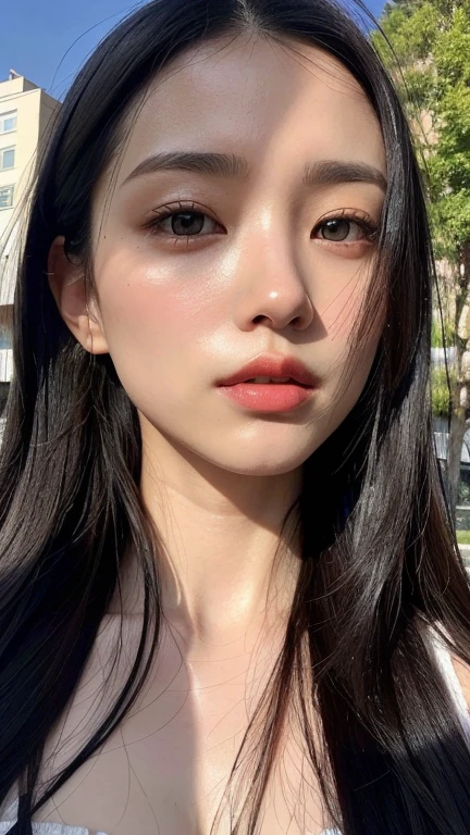 （（surreal、Super detailed image, maybe a photo.，Captures the details of the skin texture of an incredibly beautiful woman..））long straight black hair。outdoors.