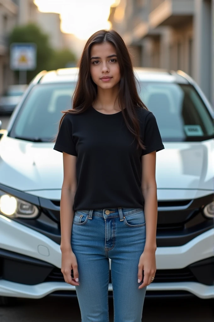 Pakistani girl wearing black t-shirt and blue jeans walking front of honda Civic