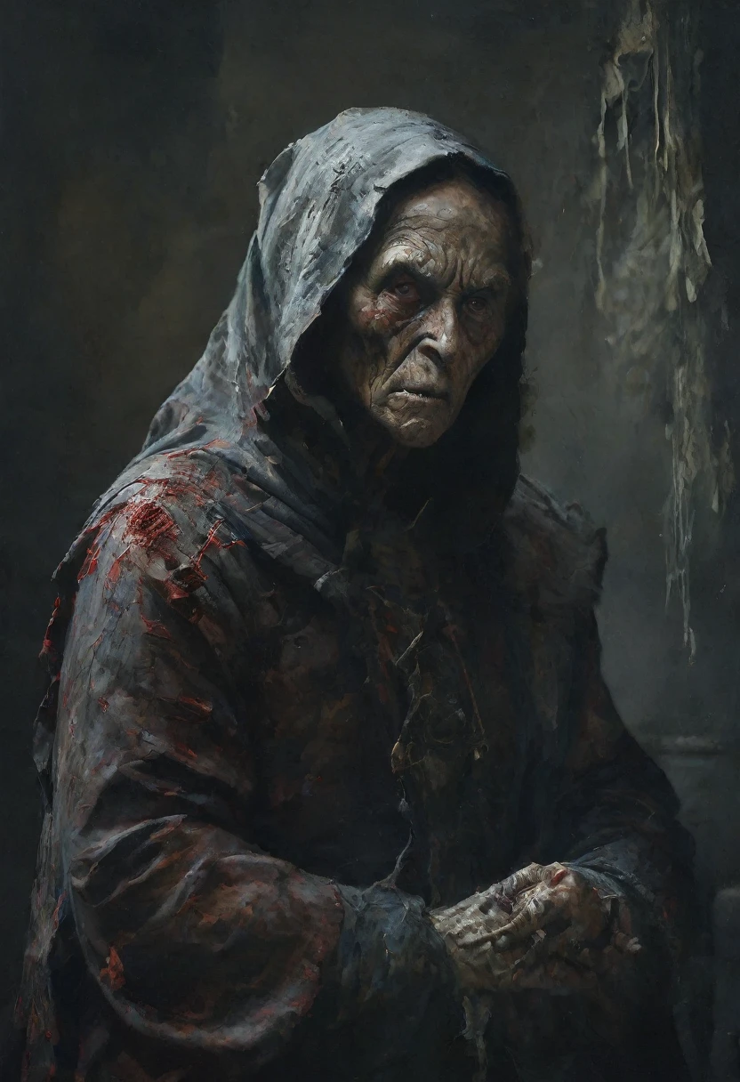 a beautifully detailed oil painting of a melancholic, morbid scene, in the style of Denis Forkas and Nicola Samori, with a vamera obscura veiled soul, highly realistic, photorealistic, 8k, hyperdetailed, cinematic lighting, dramatic chiaroscuro, somber color palette, intricate textures, masterful brushwork, surreal and dreamlike atmosphere, dark atmosphere, epic composition, red melting, scratches textures, wrinkles paper, splattered ink 