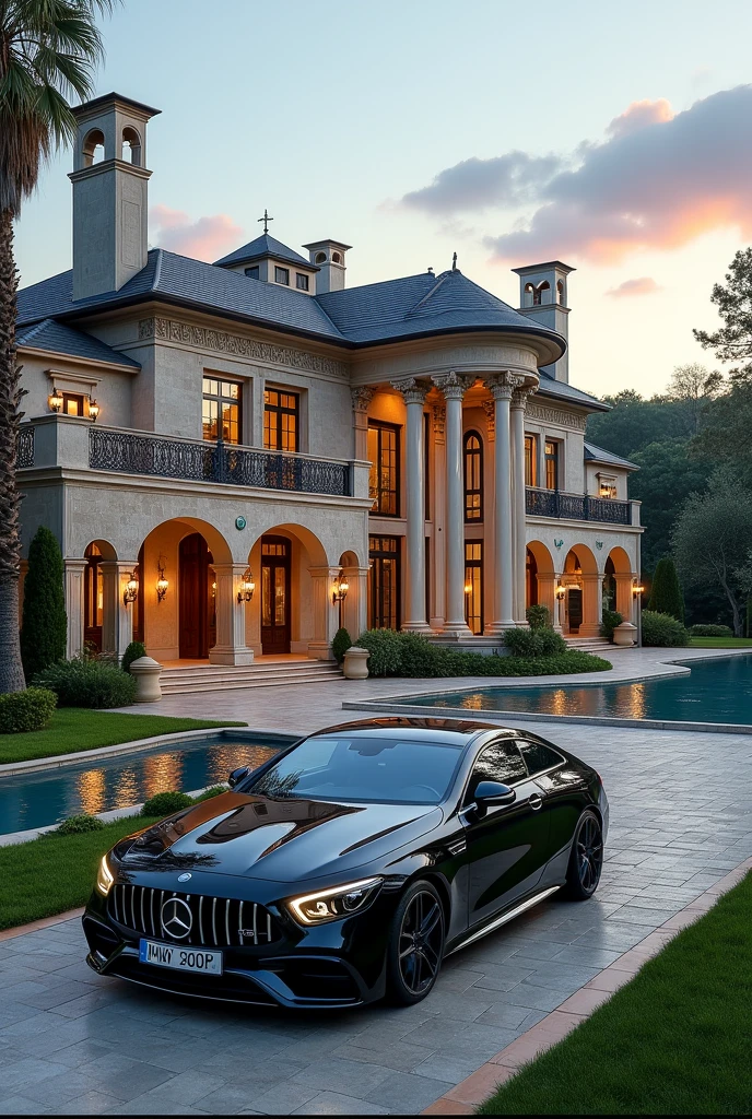 luxury home with a car parked in front of it, mercedes coupe amg, behind river, luxury pool, luxury lifestyle, luxurious environment, luxury architecture, rich house, huge mansion, rich style, luxury and elite, extremely opulent, luxurious, hyper luxurious, majestic masterpiece, wealthy, luxury, stunning grand architecture, exquisite masterpiece, flaunting his wealth, inside a grand, architectural masterpiece