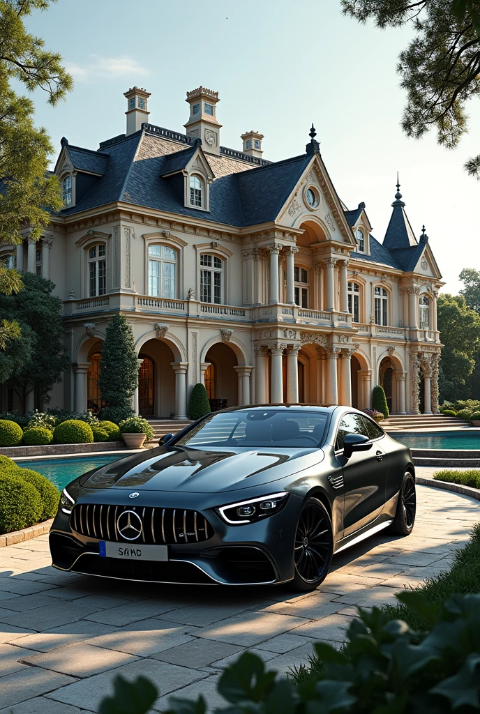 luxury home with a car parked in front of it, mercedes coupe amg, behind river, luxury pool, luxury lifestyle, luxurious environment, luxury architecture, rich house, huge mansion, rich style, luxury and elite, extremely opulent, luxurious, hyper luxurious, majestic masterpiece, wealthy, luxury, stunning grand architecture, exquisite masterpiece, flaunting his wealth, inside a grand, architectural masterpiece