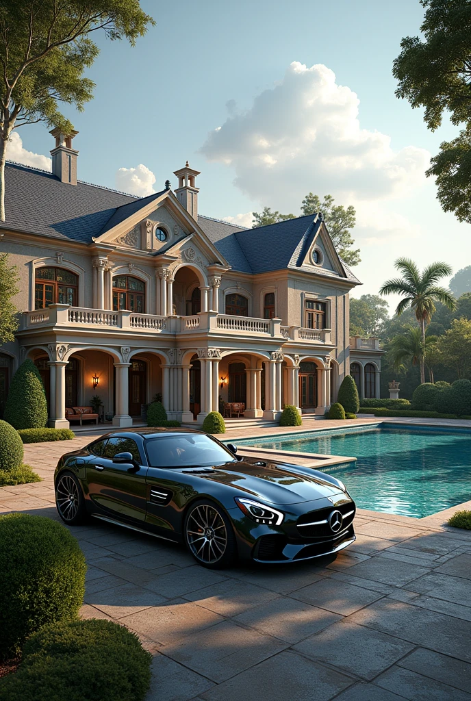 luxury home with a car parked in front of it, mercedes coupe amg, behind river, luxury pool, luxury lifestyle, luxurious environment, luxury architecture, rich house, huge mansion, rich style, luxury and elite, extremely opulent, luxurious, hyper luxurious, majestic masterpiece, wealthy, luxury, stunning grand architecture, exquisite masterpiece, flaunting his wealth, inside a grand, architectural masterpiece