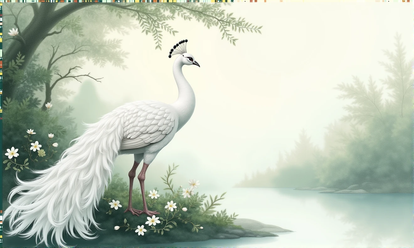 Traditional Chinese-style painting featuring a serene and ethereal scene. The layout is horizontal, with a soft, muted color palette dominated by shades of white, green, and grey. The subject is a white peacock with intricate feather details, standing gracefully amidst a lush, leafy environment. Surrounding the peacock are delicate white flowers and dense green foliage, creating a tranquil and harmonious atmosphere. The background is misty, adding a dreamlike quality to the image. The overall composition is balanced and elegant, with a focus on natural beauty and tranquility.
