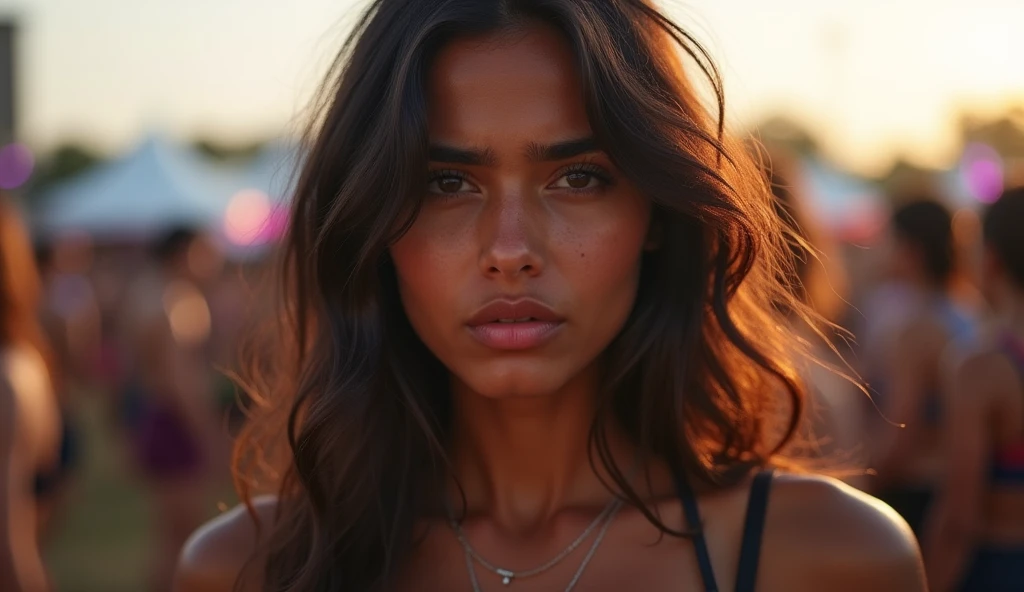indian Female Instagram Model, Model is feeling guilty and sorry expression on face. dark hair, tan skin, hazel eyes, athletic build, happy, at a music festival