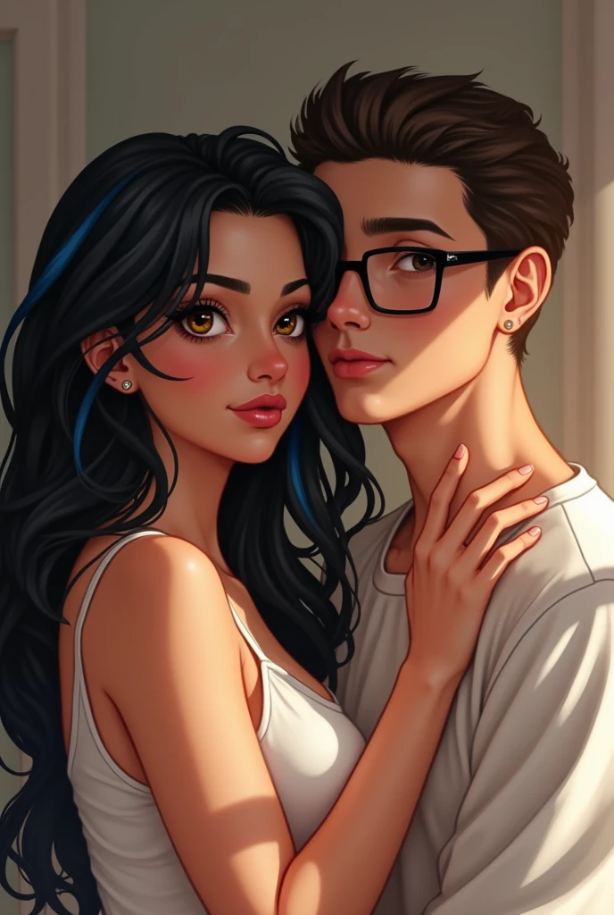 Couple of boyfriends she curvy body big cheeks black hair with blue, big brown eyes light skin with piercing in the nose and tongue and with light skin, straight hair styled up and small rectangular glasses