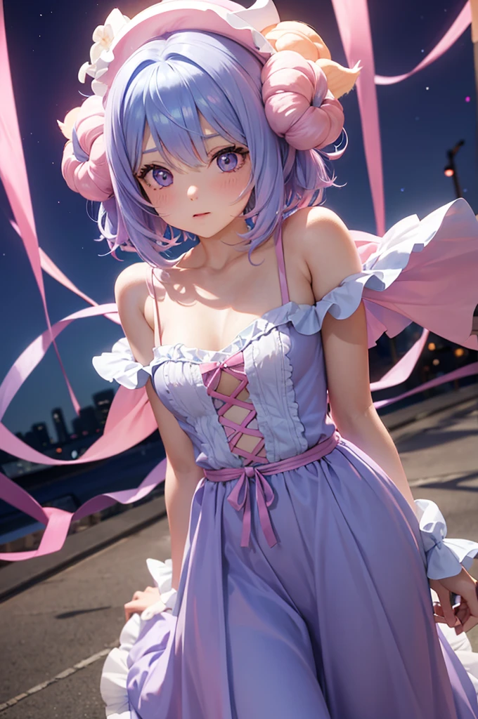 Pink and light blue dreamy hair　Wave Shorthair　Purple Eyes　Beauty　Halloween　Wizard　pumpkin　Bears Ears　cute
