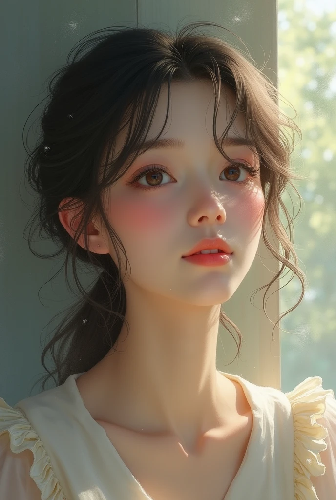 A beautiful  girl thinking about his old memory and smile with blushing 
