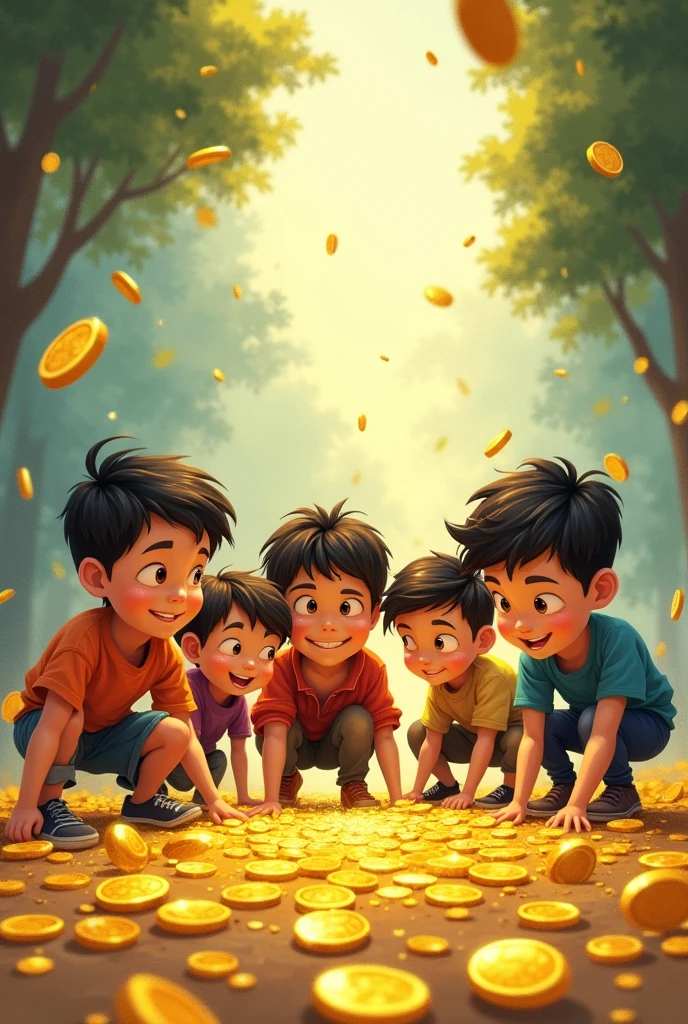 Book cover where there is some boys(animated) are sitting(from behind) with collecting some small small gold coin,the picture should be on the bottom side. The upper side should be empty for book title & author name,