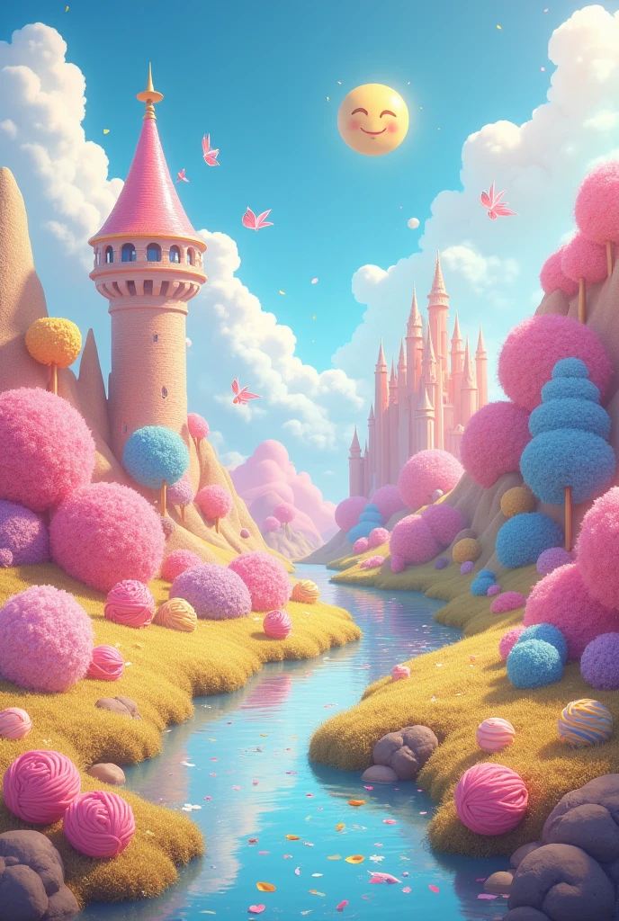 anime manga illustration cartoon style, All the materials blend seamlessly together, creating fairy tale story style, river made of gold, silver and rainbow thread, tower made of copper plated coils, hills and mountains made of yarn balls, castle made of pastel colored sweets, cotton candy clouds, smiling glossy sun made of candy, shading effects, gradation magic effects, foggy filter effects, glitter effects, (ultra detailed, absolutely resolution, best quality:1.3), 2.5D, delicate and dynamic, graphic CG digital fantasy art