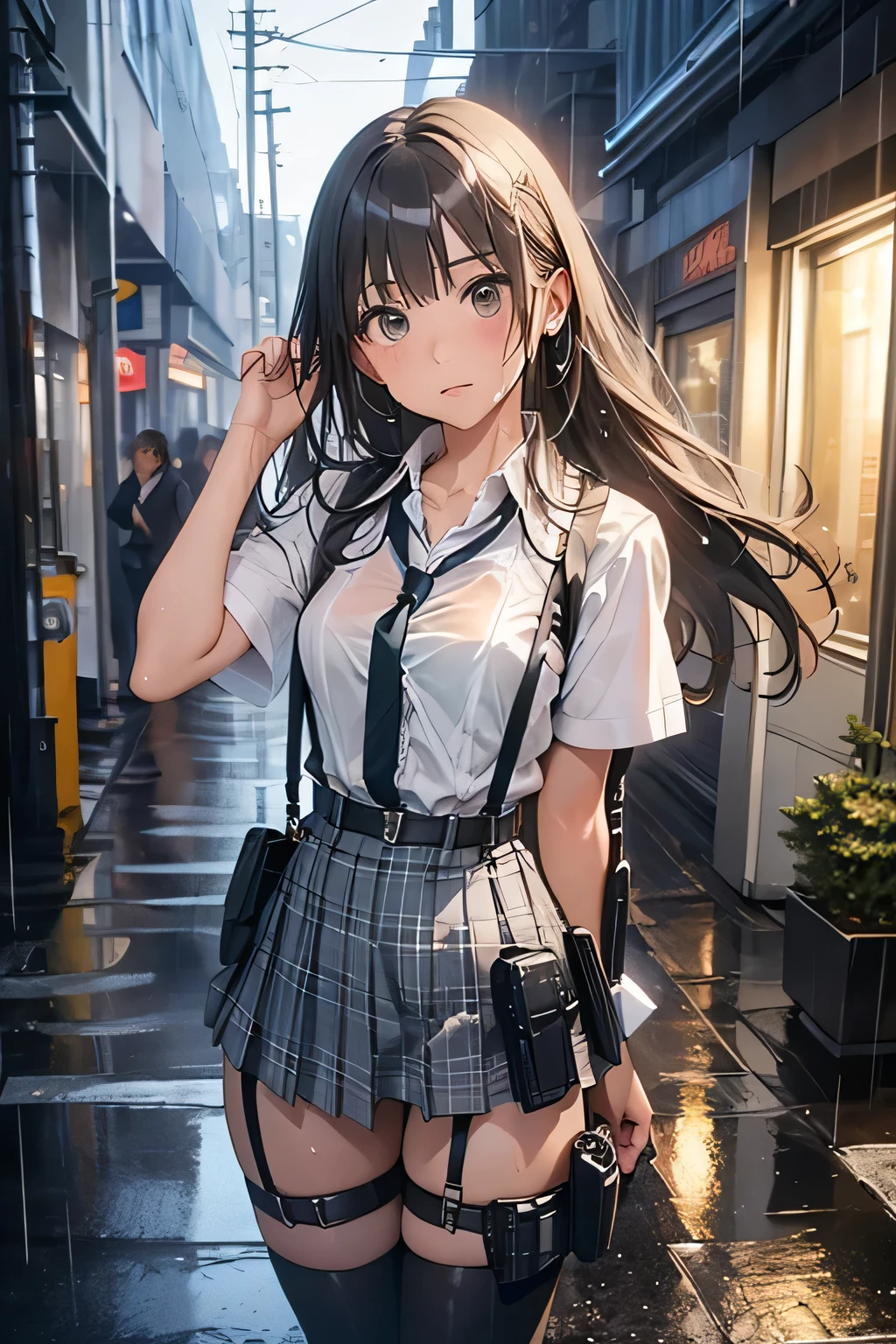 1 female, , high quality, masterpiece, Ultra-high resolution, Cinema Lighting, 1 female, , high quality, masterpiece, Ultra-high resolution, , Cinema Lighting, suspenders　　　Moderate breasts　 　 　　　　　 　　　　Small face　 　　　　　　　　　　　Looking up　　　　Sweat 　　　Thin belt　buzzer　脇Sweat 　　　　 　garter belt　　Belt on pants　　holster　 　　Hands behind your back　 　Looking up　Anxious face　Knee-high　Knee socks　Knee-highソックス 　garter　ふとももにgarter belt　Checkered mini skirt　 　　Panty shot　Skirt gap Armament　　　holster　holster 　　Hands behind your back　 Anxious expression　　Anxious face, legs apart　Armament　　Leg Holster　holster　See-through clothing　heavy rain　Rain-soaked dress shirt,Moderate breasts　ガーターbelt　suspenders　Garter on the thigh　Checkered mini skirt　Looking up　Pause　belt　Armpit sweat　Hands behind back　Raise your hands　heavy rain　See-through　Getting wet in the rain