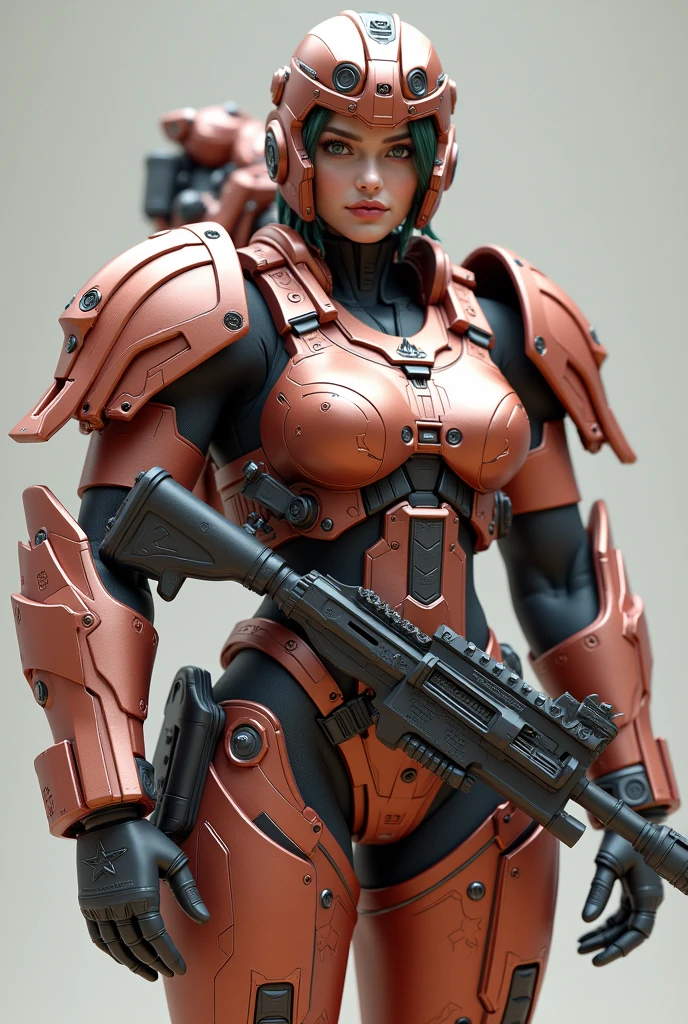 Highly detailed female characters in a team-based action-shooting video game、Job title: Tank、Exquisitely detailed muscular body、Broad shoulders、Thick chest、Developed brachial muscles、Toned Abs、Developed thigh muscles、Beautifully detailed face、Very short hair、Rose gold color scheme、A laser cannon larger than her body、Heavy Armor、Tactical Helmet、Concept Art、Intricate details、Hyperrealistic、8k、Highest quality、Photorealistic、masterpiece
