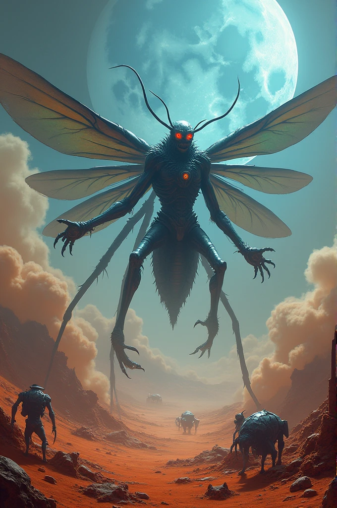 Mosquito god of war fighting against blue Nazi demons on Mars