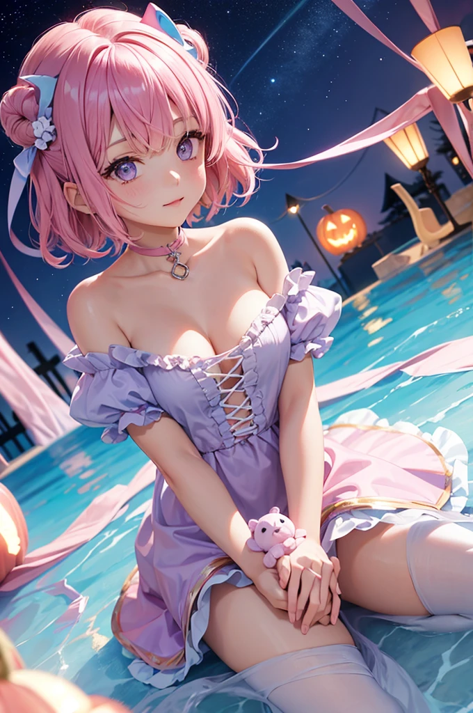 Pink and light blue dreamy hair Wave Shorthair Purple Eyes Beauty Halloween Wizard pumpkin Bears Ears cute