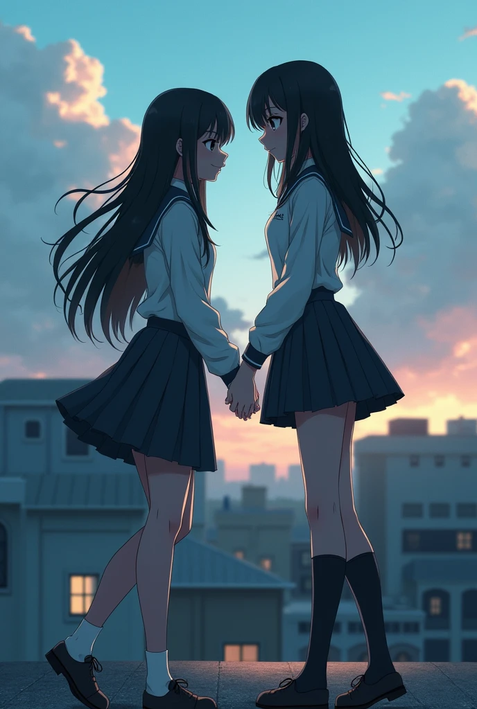(High school girls、Black Hair、School rooftop、、I can see you again、M-shaped legs)