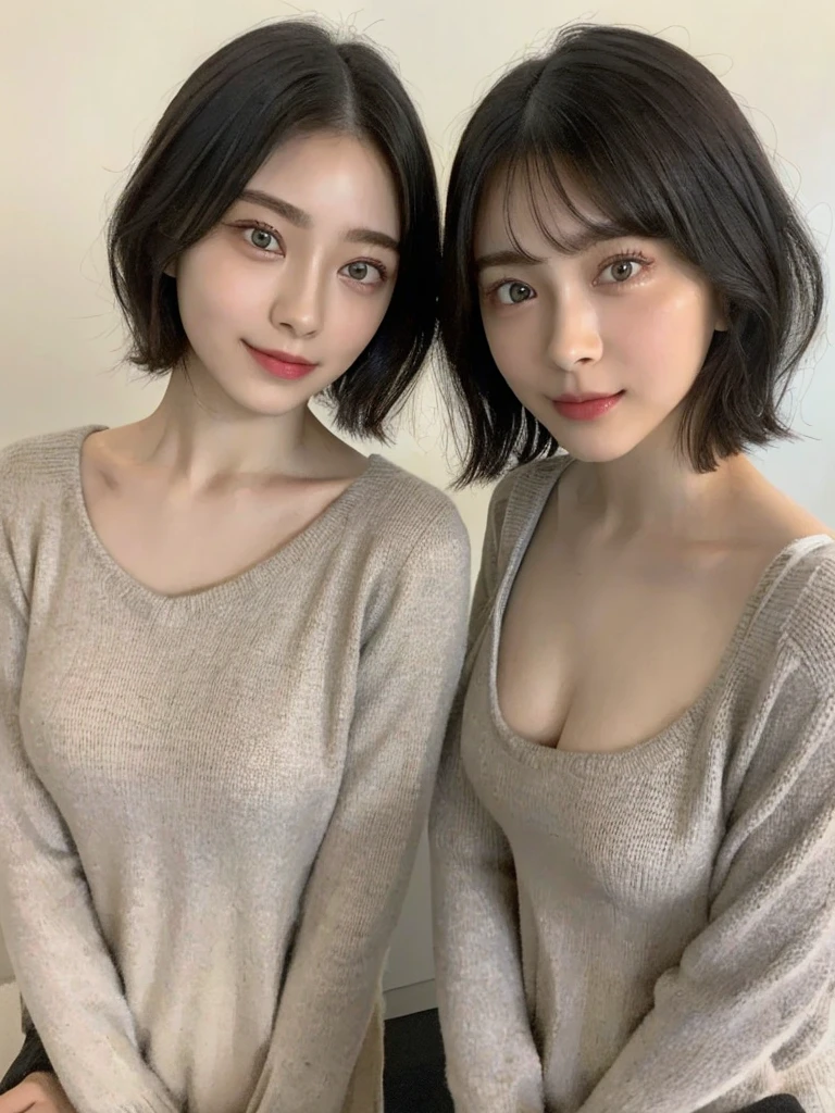(masterpiece:1.3), (8k, Photoreal, Raw photo, best image quality: 1.4), Japanese high school girl、(random hairstyle:1.2)、cleavage:1.5、super detail face、eye for details、double eyelid、chest to chest、sharp focus:1.2、Beautiful woman:1.4、light brown hair、highest quality、masterpiece、超A high resolution、(Photoreal:1.4)、Highly detailed and professionally lit smiles、loose and light knitwear、shoulder out、thin、serious expression、short haired、deadly position
similar identical twins
All the girls have the exact same face, The two have the same face and figure, as if they were mirror images.