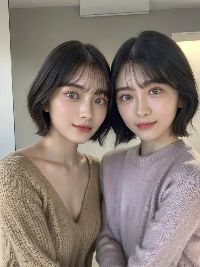(masterpiece:1.3), (8k, Photoreal, Raw photo, best image quality: 1.4), Japanese high school girl、(random hairstyle:1.2)、cleavage:1.5、super detail face、eye for details、double eyelid、chest to chest、sharp focus:1.2、Beautiful woman:1.4、light brown hair、highest quality、masterpiece、超A high resolution、(Photoreal:1.4)、Highly detailed and professionally lit smiles、loose and light knitwear、shoulder out、thin、serious expression、short haired、deadly position
similar identical twins
All the girls have the exact same face, The two have the same face and figure, as if they were mirror images.