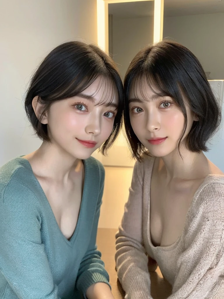 (masterpiece:1.3), (8k, Photoreal, Raw photo, best image quality: 1.4), Japanese high school girl、(random hairstyle:1.2)、cleavage:1.5、super detail face、eye for details、double eyelid、chest to chest、sharp focus:1.2、Beautiful woman:1.4、light brown hair、highest quality、masterpiece、超A high resolution、(Photoreal:1.4)、Highly detailed and professionally lit smiles、loose and light knitwear、shoulder out、thin、serious expression、short haired、deadly position
similar identical twins
All the girls have the exact same face, The two have the same face and figure, as if they were mirror images.