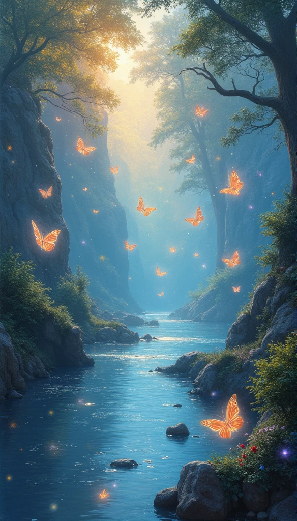 Beautiful energy art that gives power to those who see it。Landscape Images。butterflies dancing on the riverside。Fantastical。Dreamy。Fantasia。