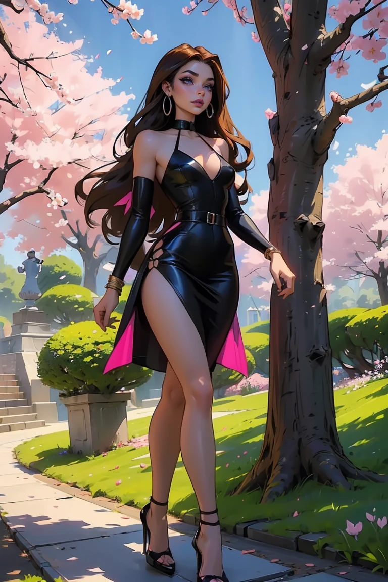 Goddess ((goddess-like woman)), slim elegant silhouette, masterpiece, best quality, (Darcy/Winx Club S1), pale skin, fair skin, sweet face, long hair, (masterpiece:1,2, best quality), (real picture, intricate details), (1 lady, solo, medium tits), light purple eyes, kissable mouth, full lips, brown hair, multicolored hair, (brown hair, multicolored Hair), very long hair, straight hair, bracelet, hoop earrings, beautiful face, beautiful eyes, she looks at the viewer, she is wearing a Pink Houndstooth Retro Dress,t bodycon p1nkh0undst00th, see-through, black mesh top, long sleeves, pink dress, houndstooth, straps, full body, high heels, sweet irresistible smile, elegant pose, elegant hands, beautiful hands, perfect fingers, background: Park, Japanese garden Cherry trees, cherry blossoms, blue sky, upper body view,