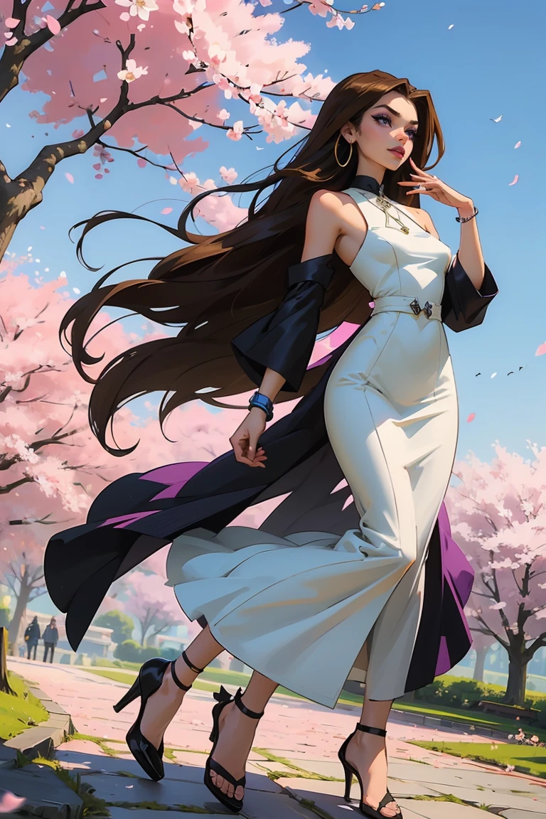 Goddess ((goddess-like woman)), slim elegant silhouette, masterpiece, best quality, (Darcy/Winx Club S1), pale skin, fair skin, sweet face, long hair, (masterpiece:1,2, best quality), (real picture, intricate details), (1 lady, solo, medium tits), light purple eyes, kissable mouth, full lips, brown hair, multicolored hair, (brown hair, multicolored Hair), very long hair, straight hair, bracelet, hoop earrings, beautiful face, beautiful eyes, she looks at the viewer, she is wearing a Pink Houndstooth Retro Dress,t bodycon p1nkh0undst00th, see-through, black mesh top, long sleeves, pink dress, houndstooth, straps, full body, high heels, sweet irresistible smile, elegant pose, elegant hands, beautiful hands, perfect fingers, background: Park, Japanese garden Cherry trees, cherry blossoms, blue sky, upper body view,