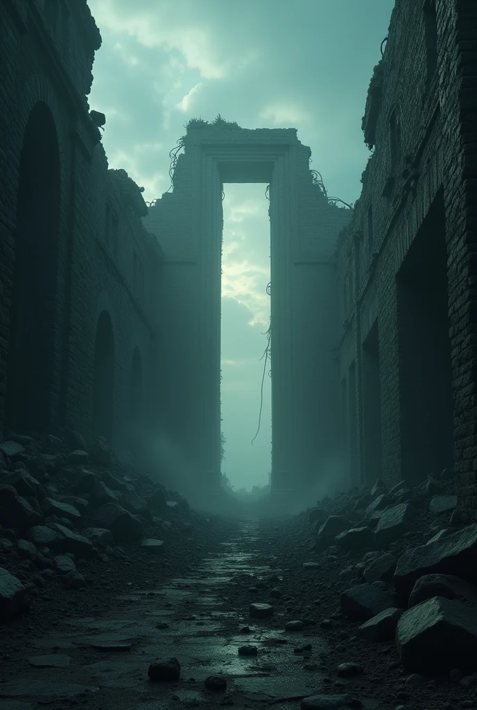 Ruins collapsing in real time. The sky and visibility were dark. A faint light could be seen deep within the ruins. There was an exit at the end of the light,