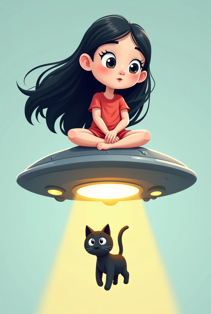 A logo of a white-skinned girl with long black hair, riding a UFO that is abducting a black kitten, All this in cartoon style.