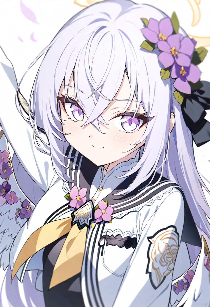 azusa \(blue archive\), 1girl arm_behind_head black_dress black_sailor_collar bloom blush cropped_jacket crossed_bangs dress falling_petals feathered_wings flower hair_flower hair_ornament halo jacket light_purple_hair long_hair long_sleeves looking_at_viewer low_wings neckerchief petals purple_eyes sailor_collar simple_background smile solo upper_body white_background white_jacket white_wings wings yellow_neckerchief