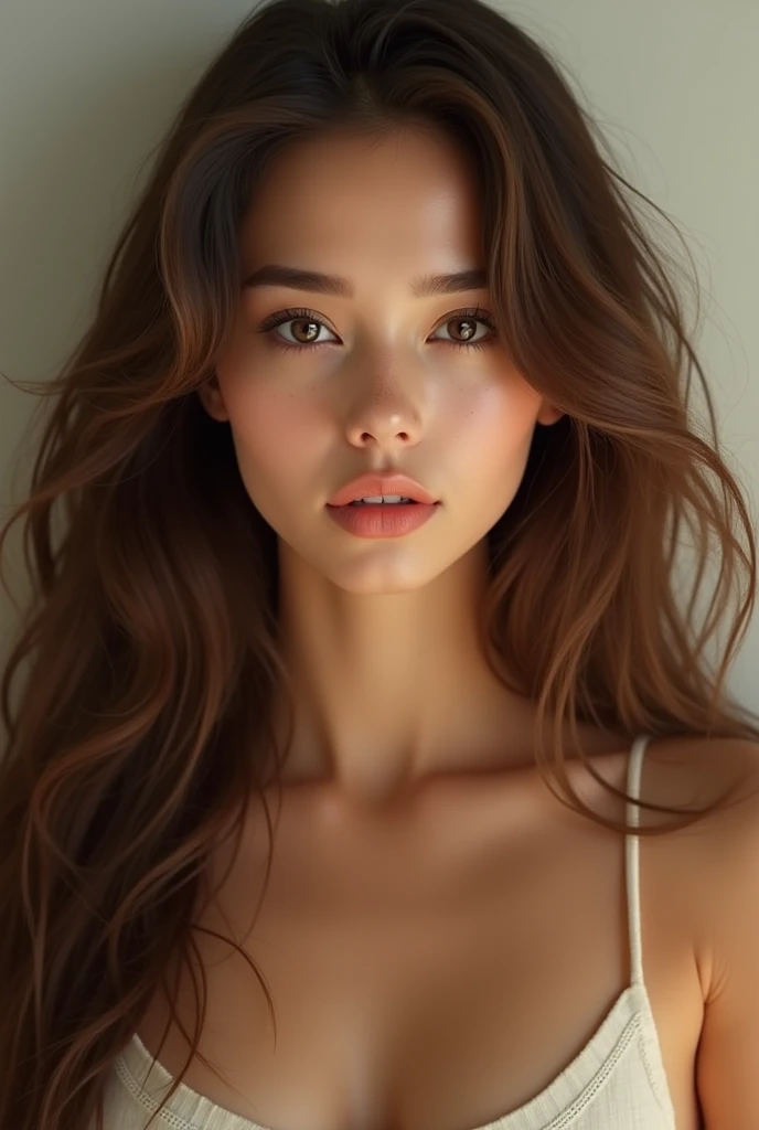 une belle fille aux longs cheveux bruns, visage dégagé, yeux détaillés, nez, et les lèvres, porter une tenue, position naturelle, (Meilleure qualité,4k,8k,haute résolution,chef-d'œuvre:1.2),ultra-détaillé,(Réaliste,photoRéaliste,photo-Réaliste:1.37),HDR,éclairage de studio,visage et corps extrêmement détaillés, portrait,Éclairage cinématographique,Éclairage dramatique,tons de couleurs chaudes,couleurs dramatiques, photo d'identité