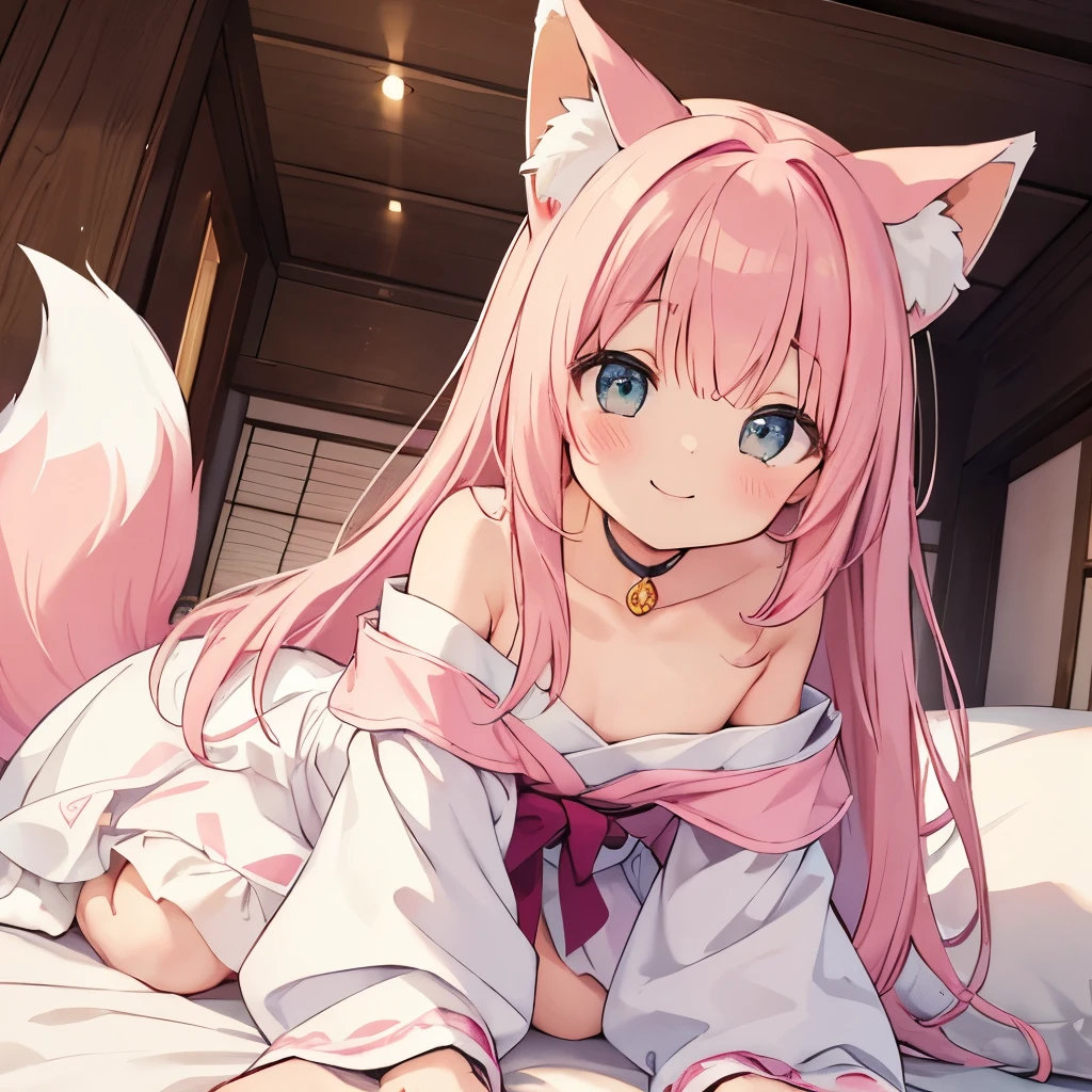 Highest quality, masterpiece, detailed, ( One person),small,cute,blush,smile,Off-the-shoulder dress,White Dress, Pink Hair,Long Hair,Cat ear,(Fox tail),Sit on the futon,From below,Cowboy Shot, Japanese-style room, darkness