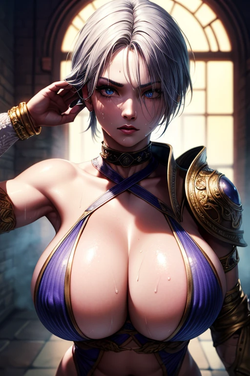 masterpiece, Highest quality, Unreal Engine, Super Resolution, Very detailed, Complex, colorful, Clear images, Sharp focus, Digital Blending,
Beautiful woman, (Ivy IYclothes), Perfect Eyes, Perfect Face, Ultra detailed hair, Ultra detailed face, Very detailed lips,Vivid expression, Healthy Body, Beautifully detailed sweat glands, Smooth skin texture, Carefully drawn,
(humidity:1.2), Beautiful Eyes, (Attractive face:1.2), (Beautiful Skin), (Big Breasts), nipples protruding from underwear, Sticky with sweat, In a dynamic pose,
In the world of Soul Calibur, indoor, In a secret room underground,