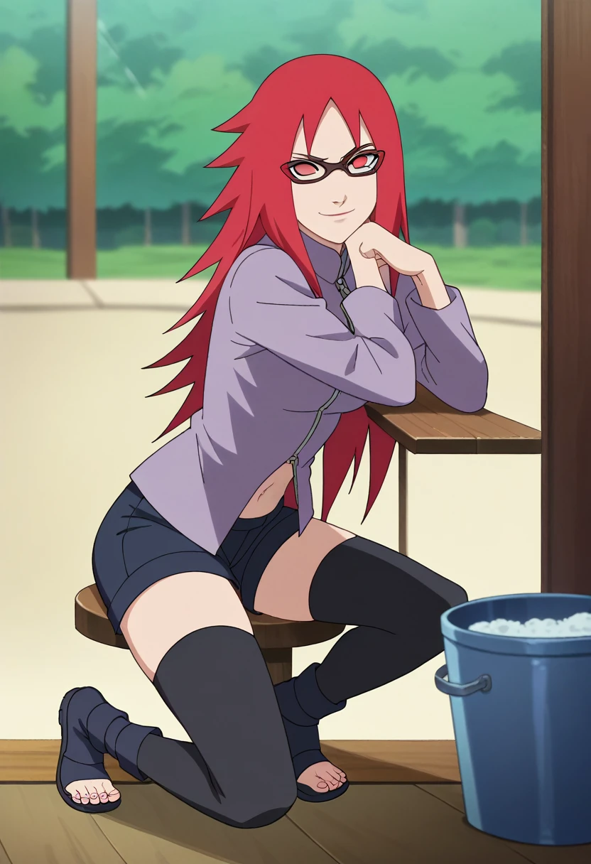 red hair, 1girl, glasses, long hair, red eyes, solo, long shirt, black thighhighs, black shorts, navel, looking at viewer,medium breasts, long sleeves,  smirk,outdoors , no pupils, sitting,legs together, zipper,toeless footwear, 
anime screencap, anime coloring,source_anime,naruto \(series\), naruto shippuuden, bent over taking a picture of her ass in the bathroom mirror 