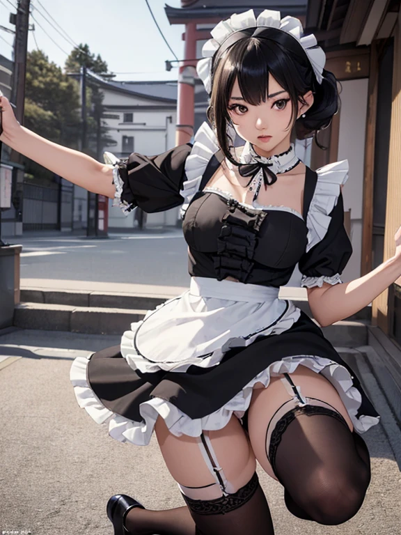 highest quality、8K、16k、masterpiece、realistic、Super detailed)、break, 23 year old Asian girl black hair ((Japanese maid:1.5)),(with ruffles_maid_dress:1.5),(Street Belts),(black stockings),(thighs:1.2)、