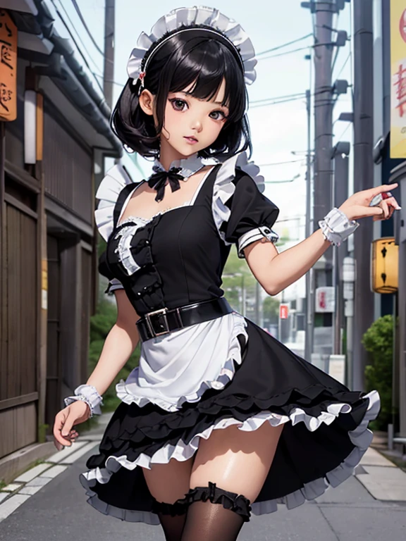 highest quality、8K、16k、masterpiece、realistic、Super detailed)、break, 23 year old Asian girl black hair ((Japanese maid:1.5)),(with ruffles_maid_dress:1.5),(Street Belts),(black stockings),(thighs:1.2)、