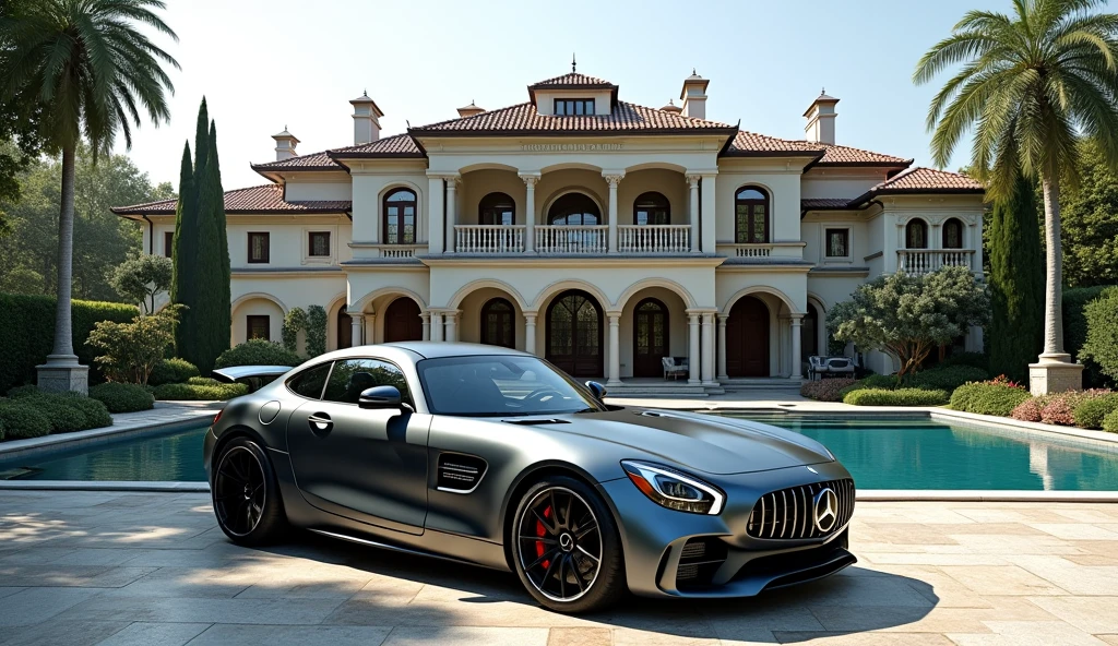 luxury home with a car parked in front of it, mercedes coupe amg, behind river, luxury pool, luxury lifestyle, luxurious environment, luxury architecture, rich house, huge mansion, rich style, luxury and elite, extremely opulent, luxurious, hyper luxurious, majestic masterpiece, wealthy, luxury, stunning grand architecture, exquisite masterpiece, flaunting his wealth, inside a grand, architectural masterpiece