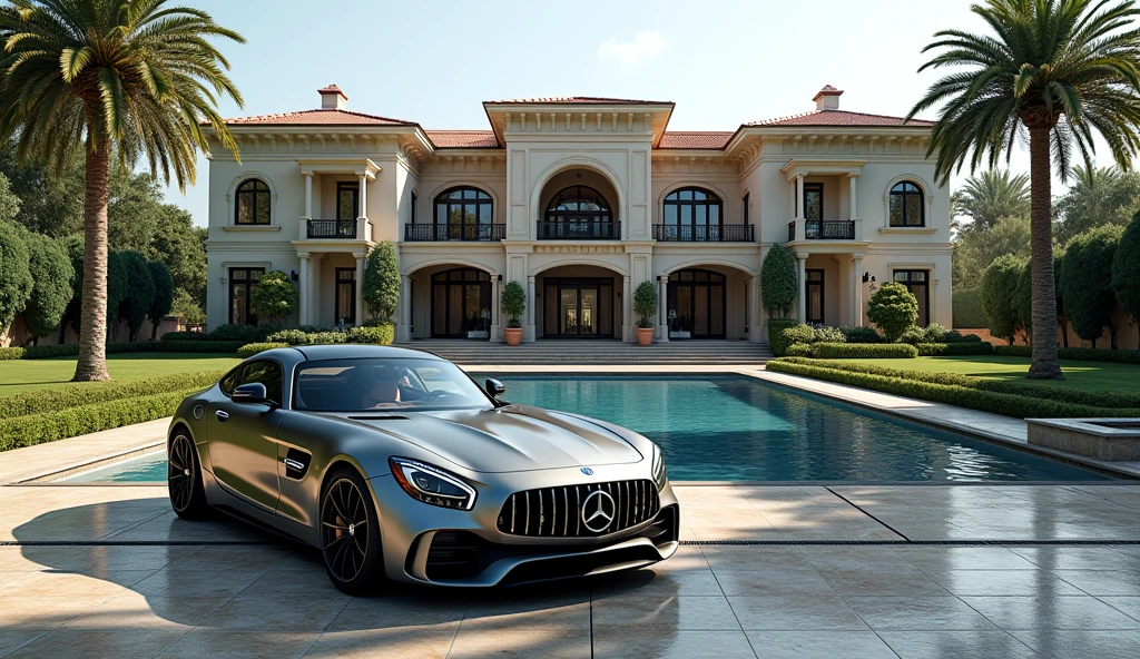 luxury home with a car parked in front of it, mercedes coupe amg, behind river, luxury pool, luxury lifestyle, luxurious environment, luxury architecture, rich house, huge mansion, rich style, luxury and elite, extremely opulent, luxurious, hyper luxurious, majestic masterpiece, wealthy, luxury, stunning grand architecture, exquisite masterpiece, flaunting his wealth, inside a grand, architectural masterpiece